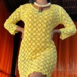 09,Vestido de manga semi longa, amarelo de Bilro, todo feito a mao, TamP